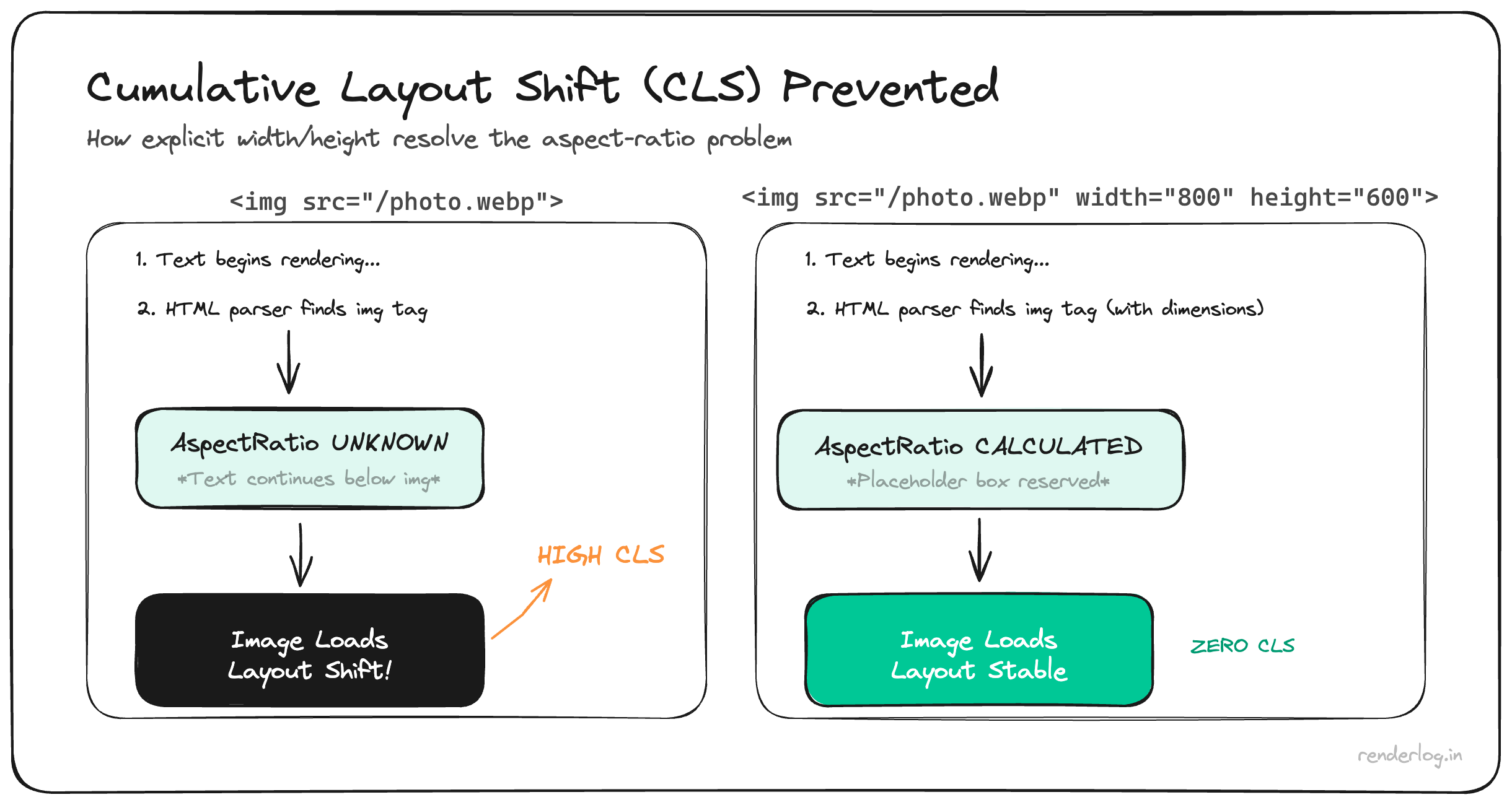 Diagram explaining how reserved space, aspect ratio, and font metrics prevent Cumulative Layout Shift (CLS).