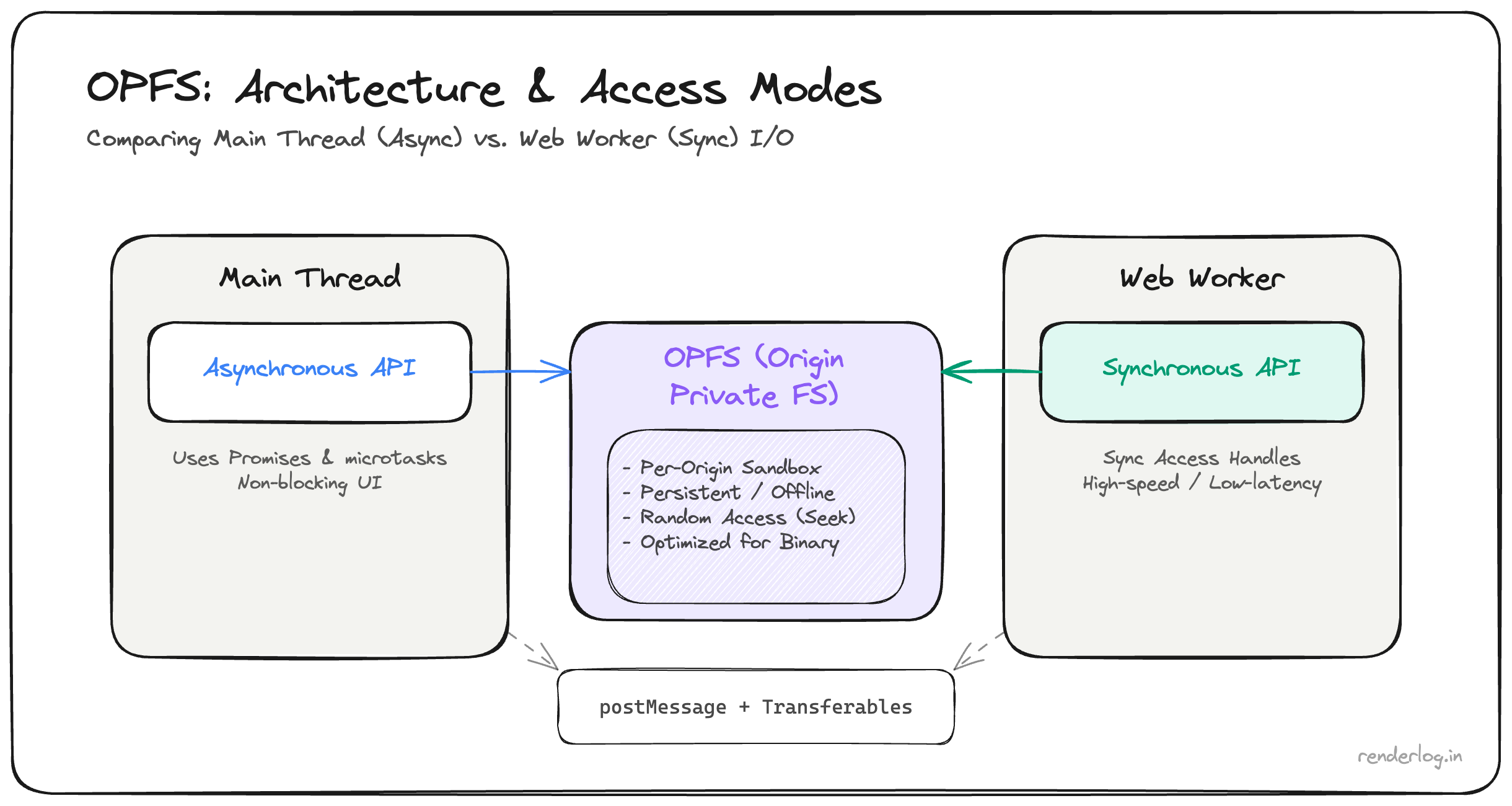Architecture diagram of the Origin Private File System: sandboxed origin storage, access modes, and worker versus main-thread APIs.