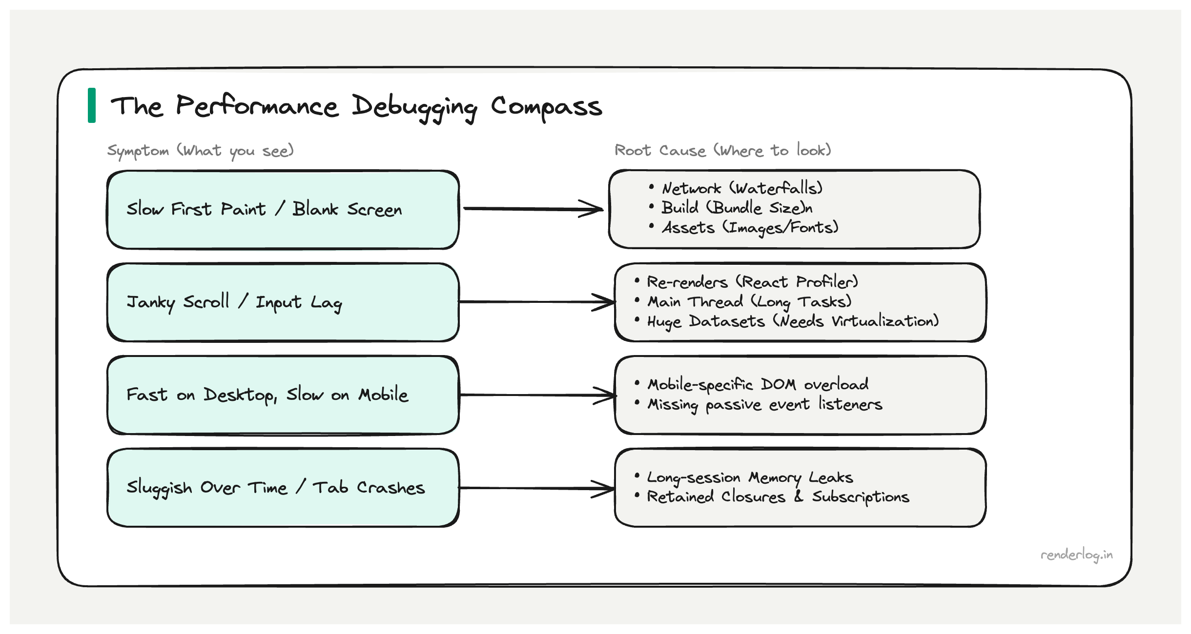 Compass-style diagram for frontend performance interviews: rendering, network, memory, build, and related problem buckets.