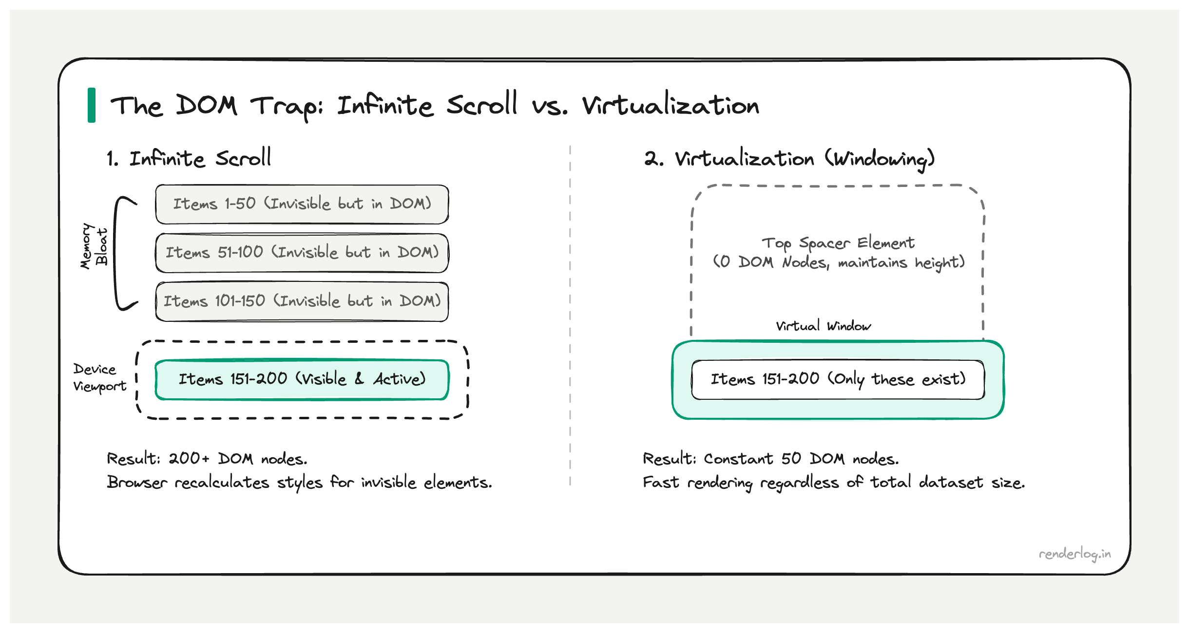 Diagram contrasting huge DOM trees from infinite scroll versus a small virtualized window of visible list nodes.