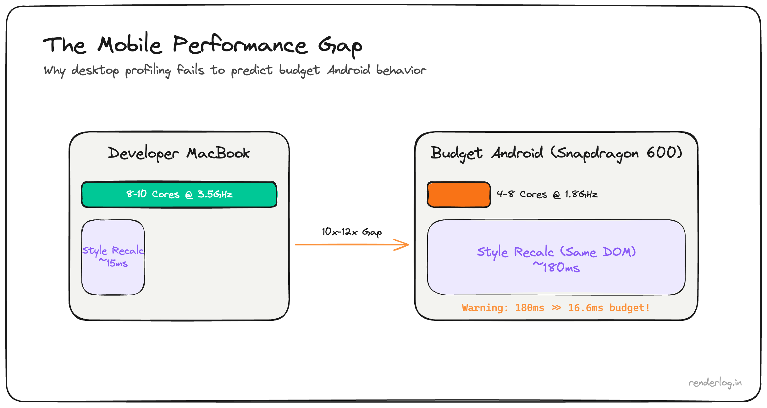 Diagram of the performance gap between developer laptops and budget mobile devices for DOM, JS, and rendering work.