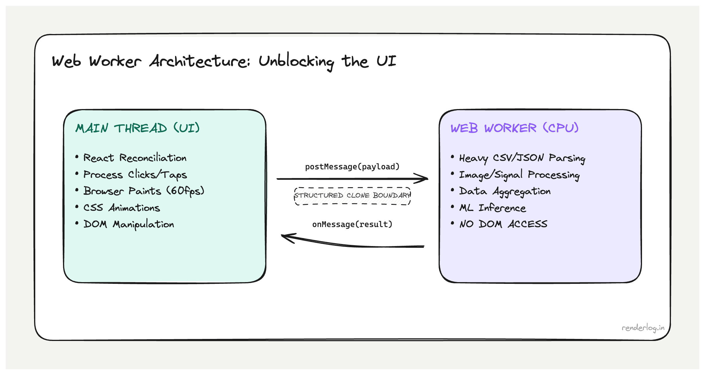 Architecture diagram of Web Workers: main thread UI and event loop stays responsive while a worker runs heavy computation off-thread.